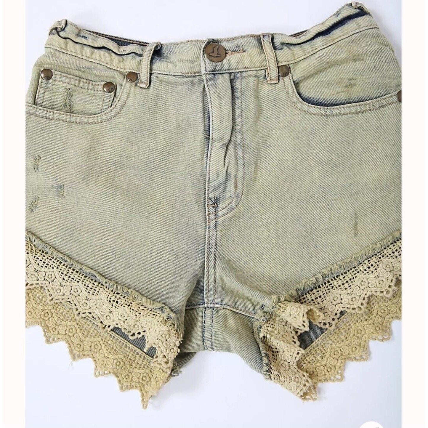 Free People Denim Lace Shorts Crochet Cut Off Destroyed White Cloud Blue 25