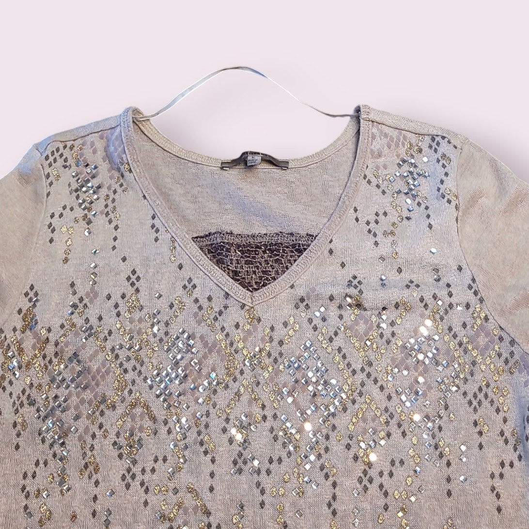 Miss Me Top size Small Long Sleeve Beige sequins Beaded Lace Embellished Blouse