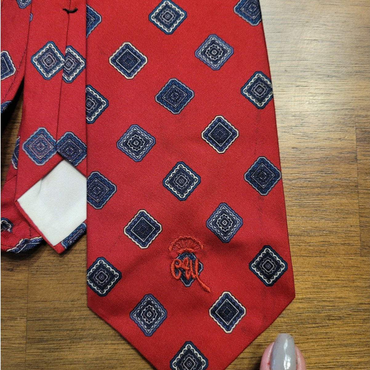 Vintage Countess Mara Men's Necktie Red with Blue Geometric Design