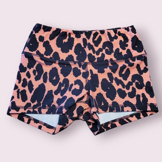 FLEO Power High Rise Shorts, Size XS, Coral Leopard Shorts Activewear