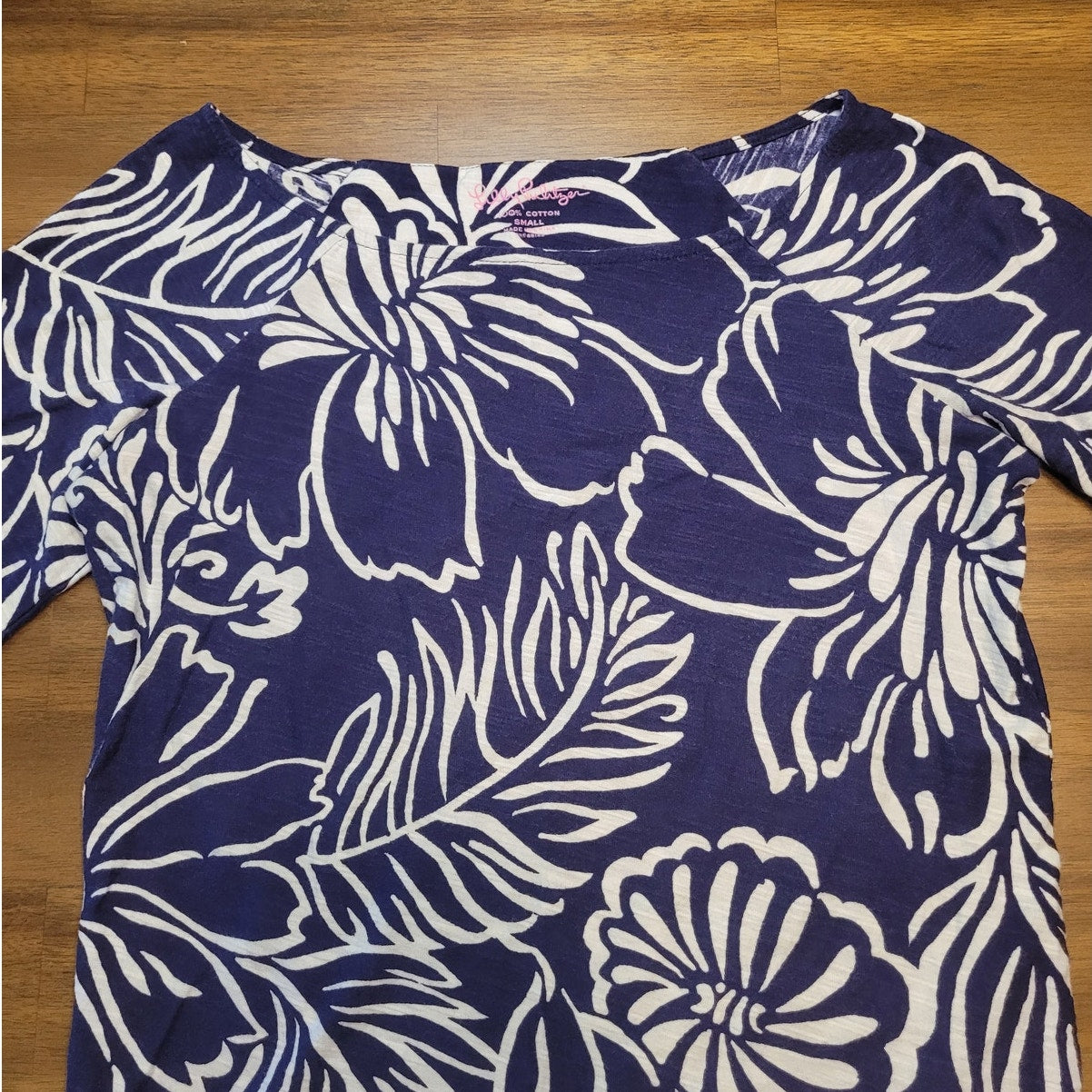 Lilly Pulitzer S Top Stretch Floral Blue White Blouse 3/4 Sleeve Boatneck