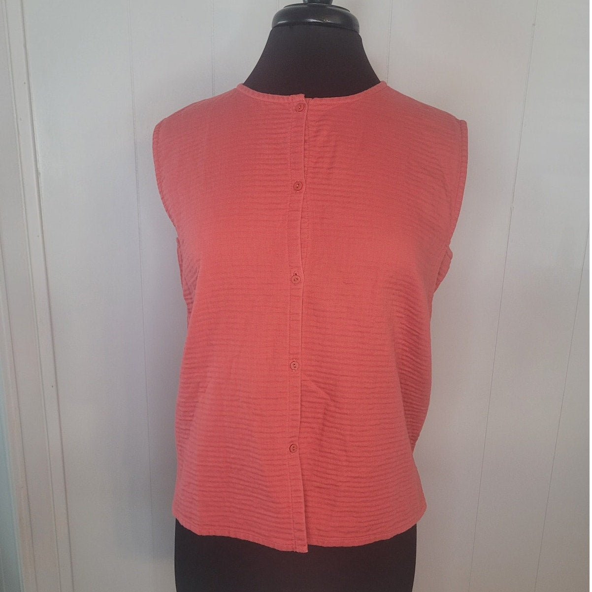 Eileen Fisher Quilted Cotton Sleeveless Button Down Coral Women's sz Large