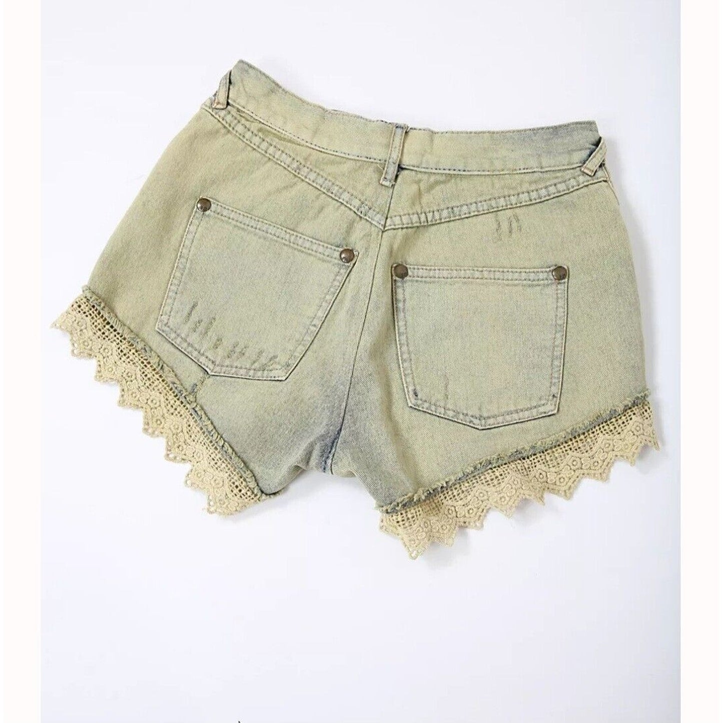 Free People Denim Lace Shorts Crochet Cut Off Destroyed White Cloud Blue 25