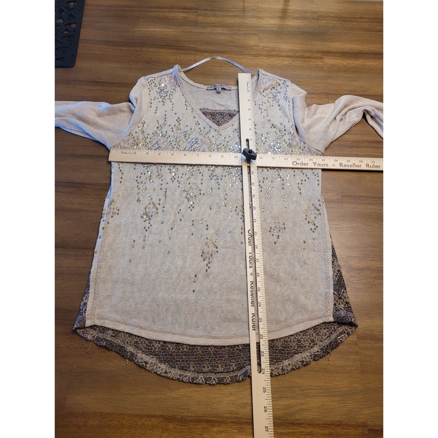 Miss Me Top size Small Long Sleeve Beige sequins Beaded Lace Embellished Blouse