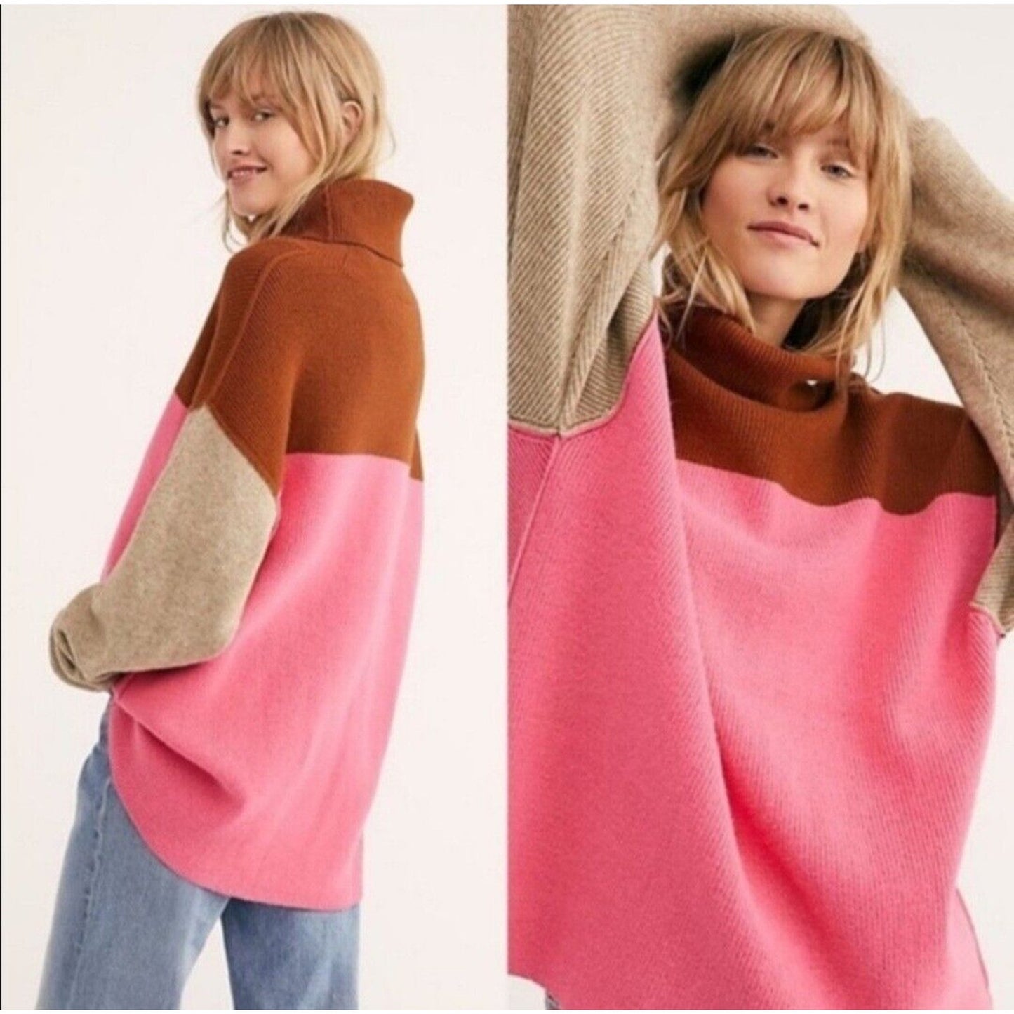 Free People Softly Structured Sweater Womens Size XS Colorblock Turtleneck Knit