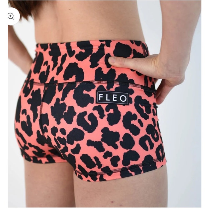 FLEO Power High Rise Shorts, Size XS, Coral Leopard Shorts Activewear