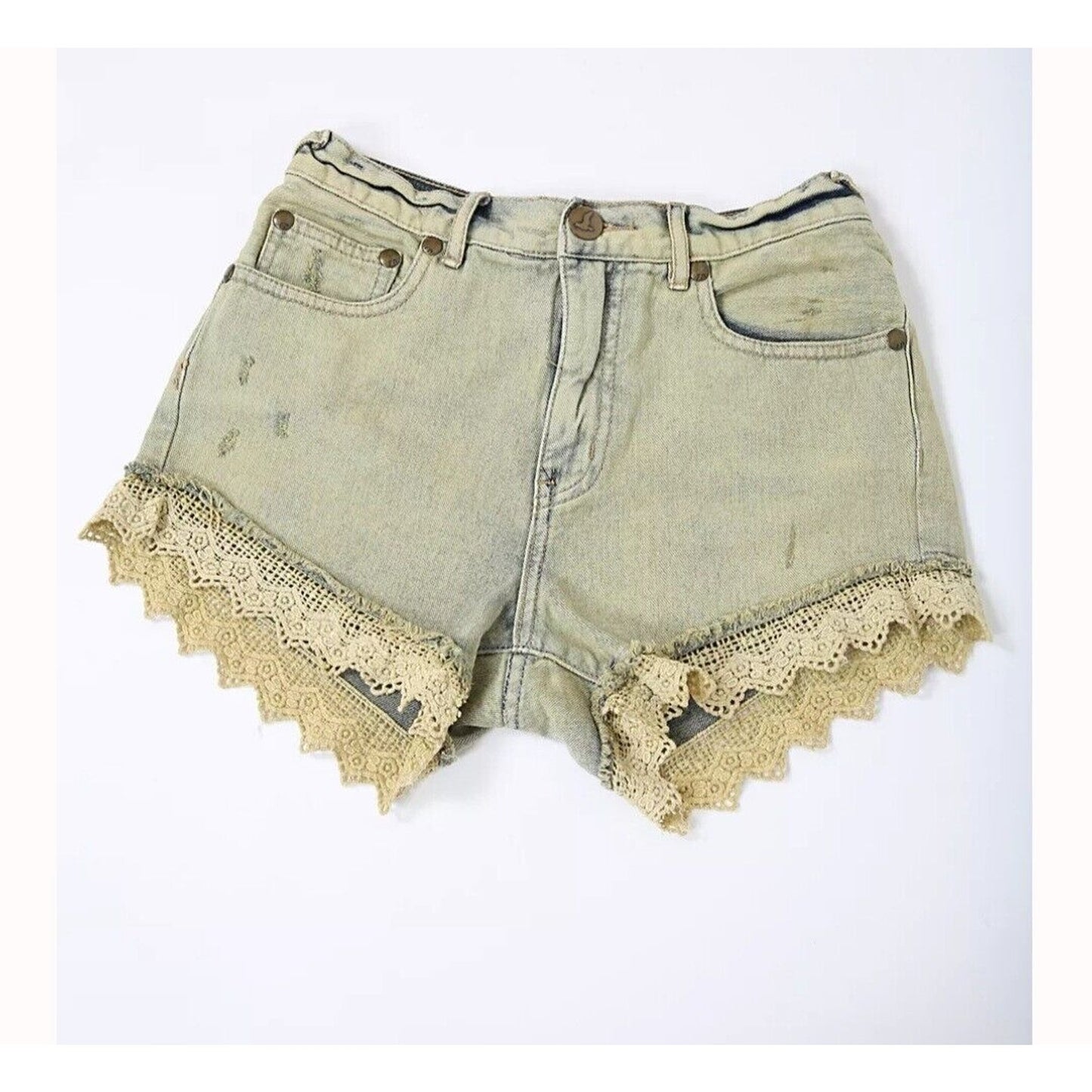 Free People Denim Lace Shorts Crochet Cut Off Destroyed White Cloud Blue 25