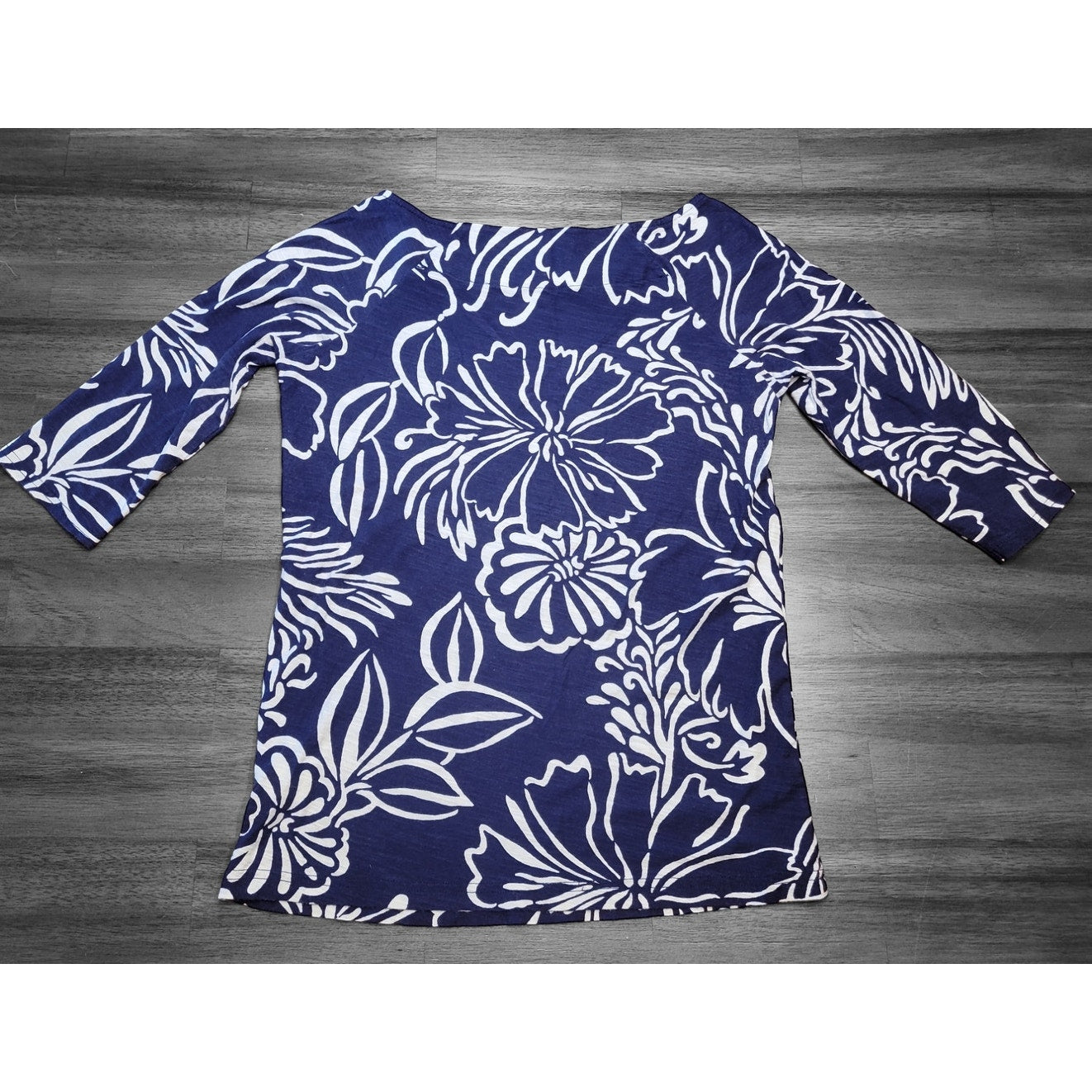 Lilly Pulitzer S Top Stretch Floral Blue White Blouse 3/4 Sleeve Boatneck