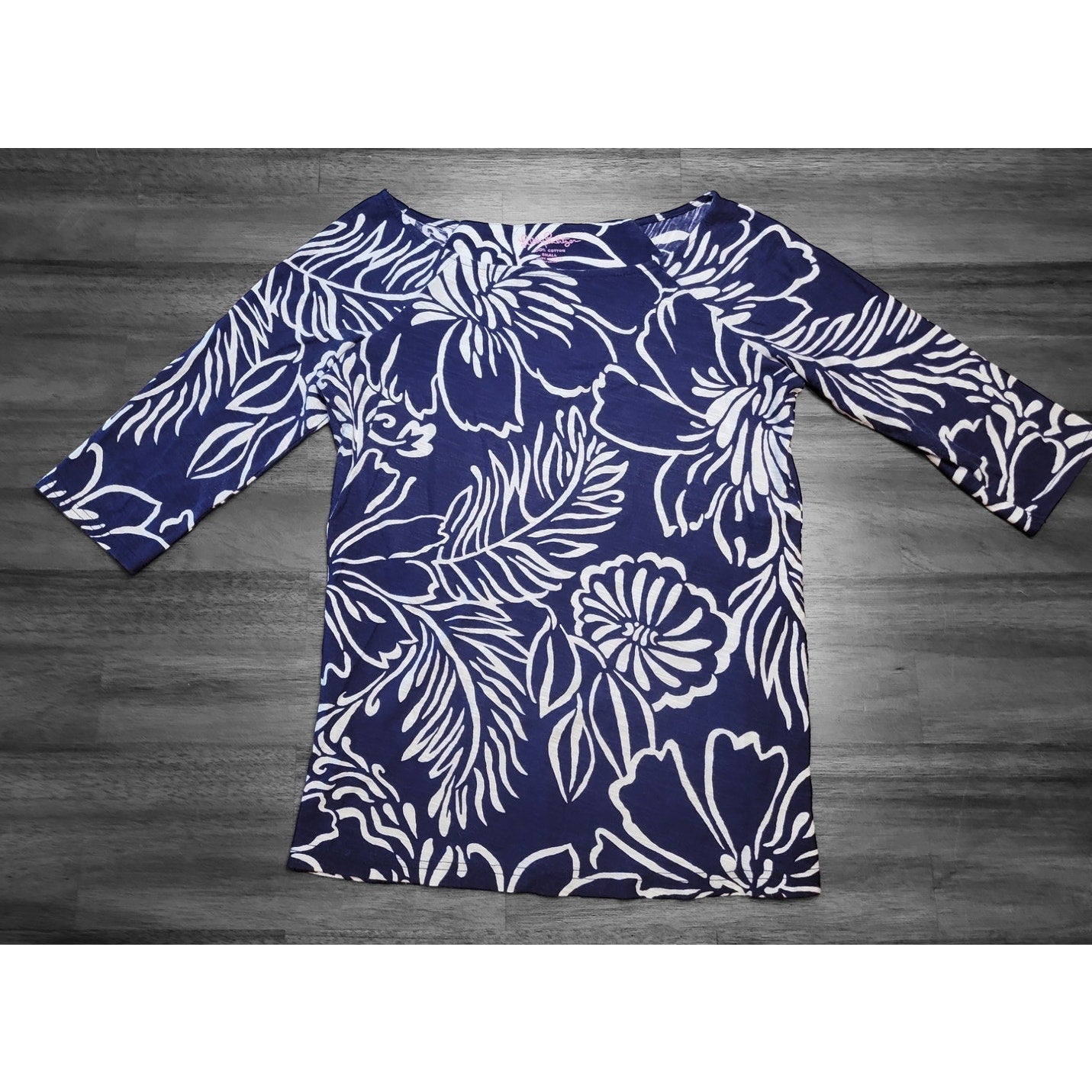 Lilly Pulitzer S Top Stretch Floral Blue White Blouse 3/4 Sleeve Boatneck