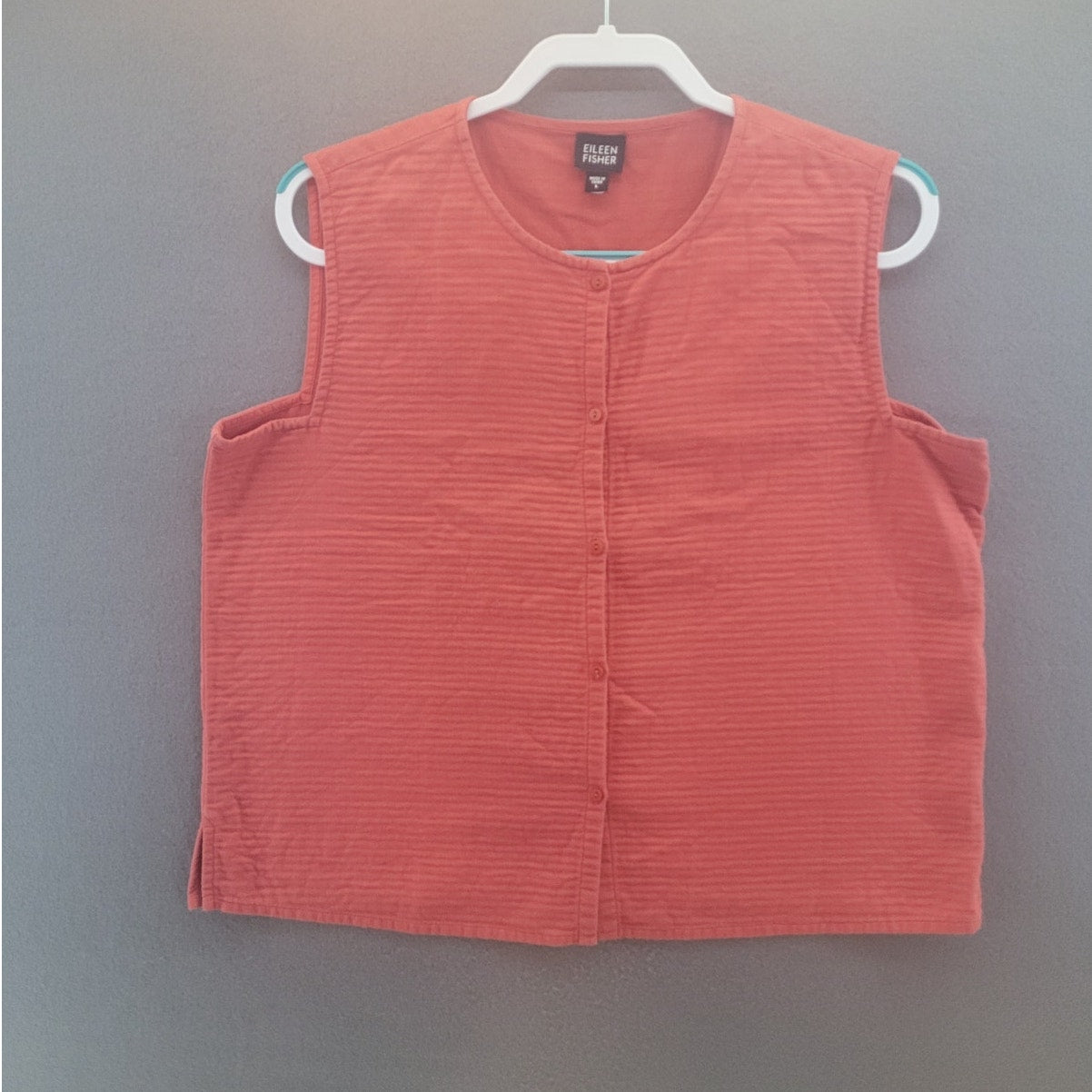 Eileen Fisher Quilted Cotton Sleeveless Button Down Coral Women's sz Large