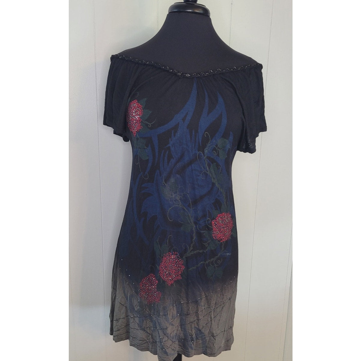 Miss Me Smocked Off the shoulder Tunic Dress Size Medium Black Floral Graphic